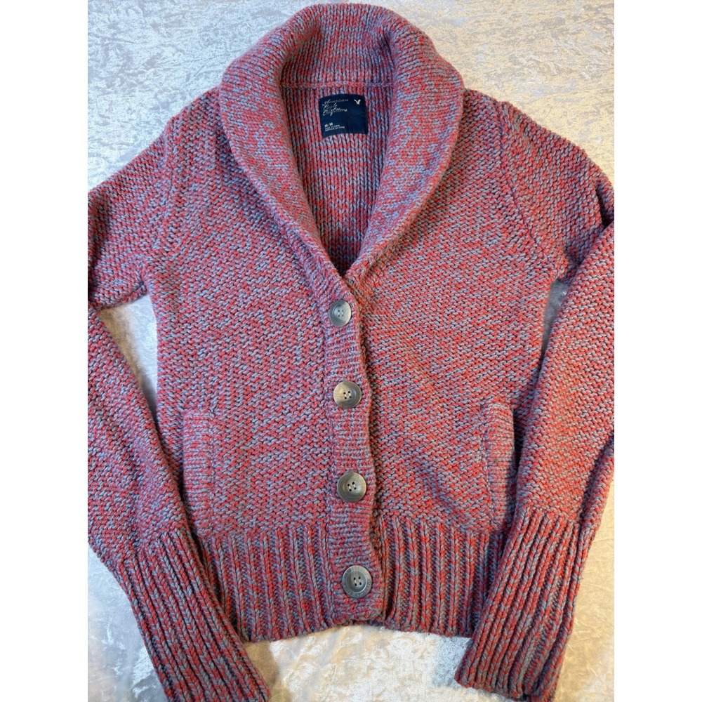 Y2K American Eagle Cardigan Women M Pink Blue Chunky Wool Rabbit Hair Knit